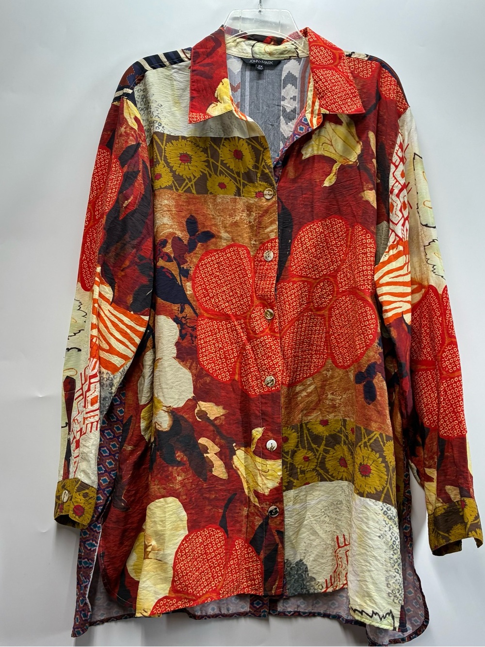 John Mark Plus Size 2X Floral Button Up Long Sleeve Shirt Rayon Nylon